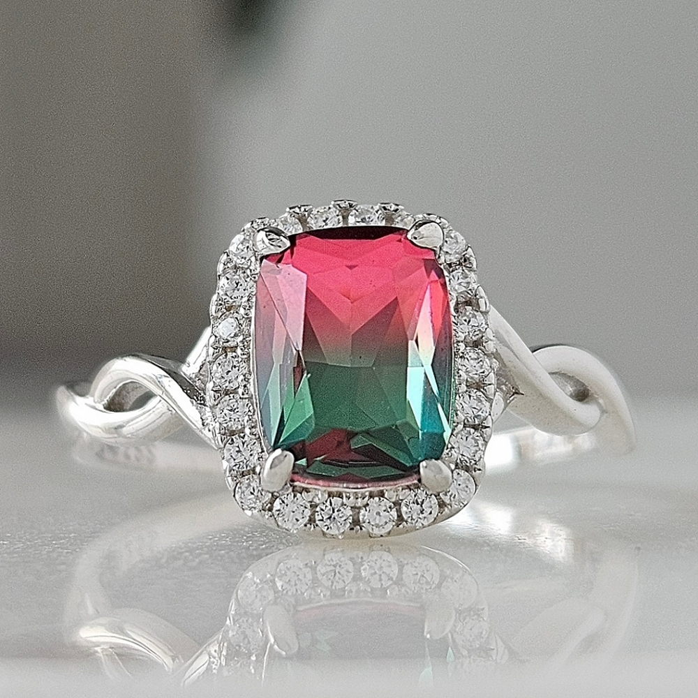 Pink and Green Tourmaline Ring, 925 Sterling Silver Charmed Aroma